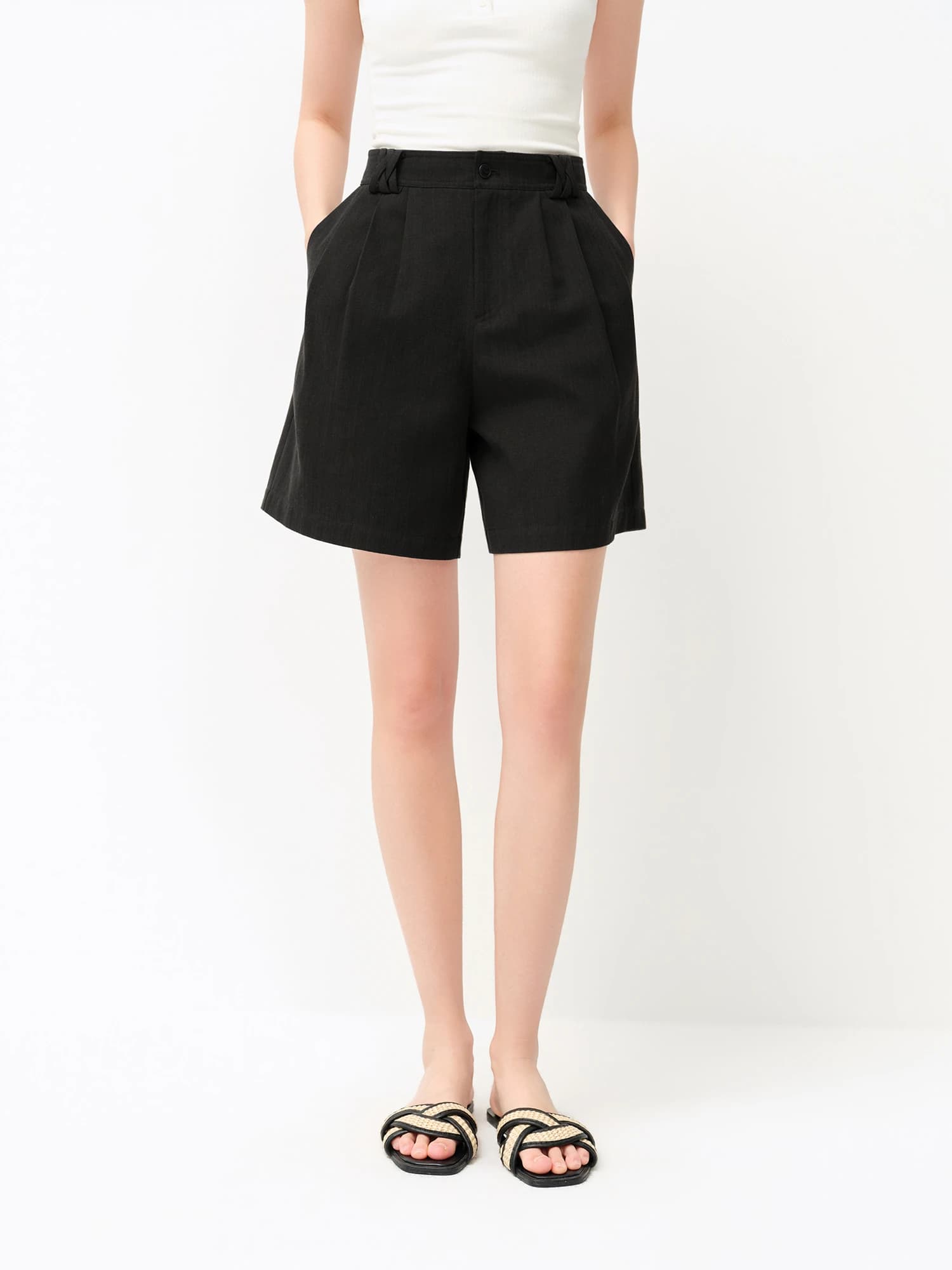 Shorts décontractés classiques en mélange de lin pour femme FSLE 2026 - Couleur unie, coupe régulièr