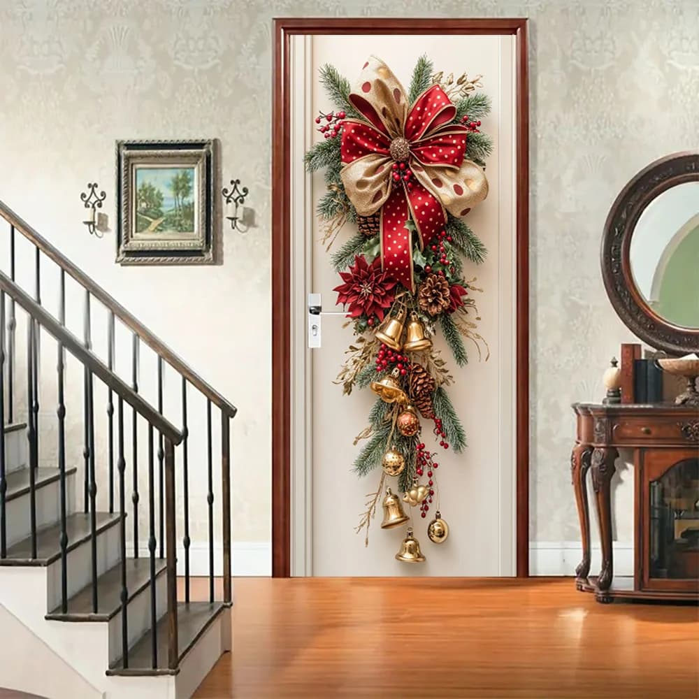 1 décoration murale de Noël - décoration suspendue avec cloches rouges et feuilles vertes - décorati