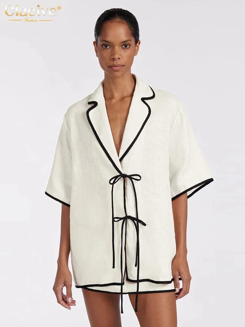 ClacMarkets-Ensemble 2 pièces en coton beige pour femme, chemise à manches mi-longues, mini jupe tai