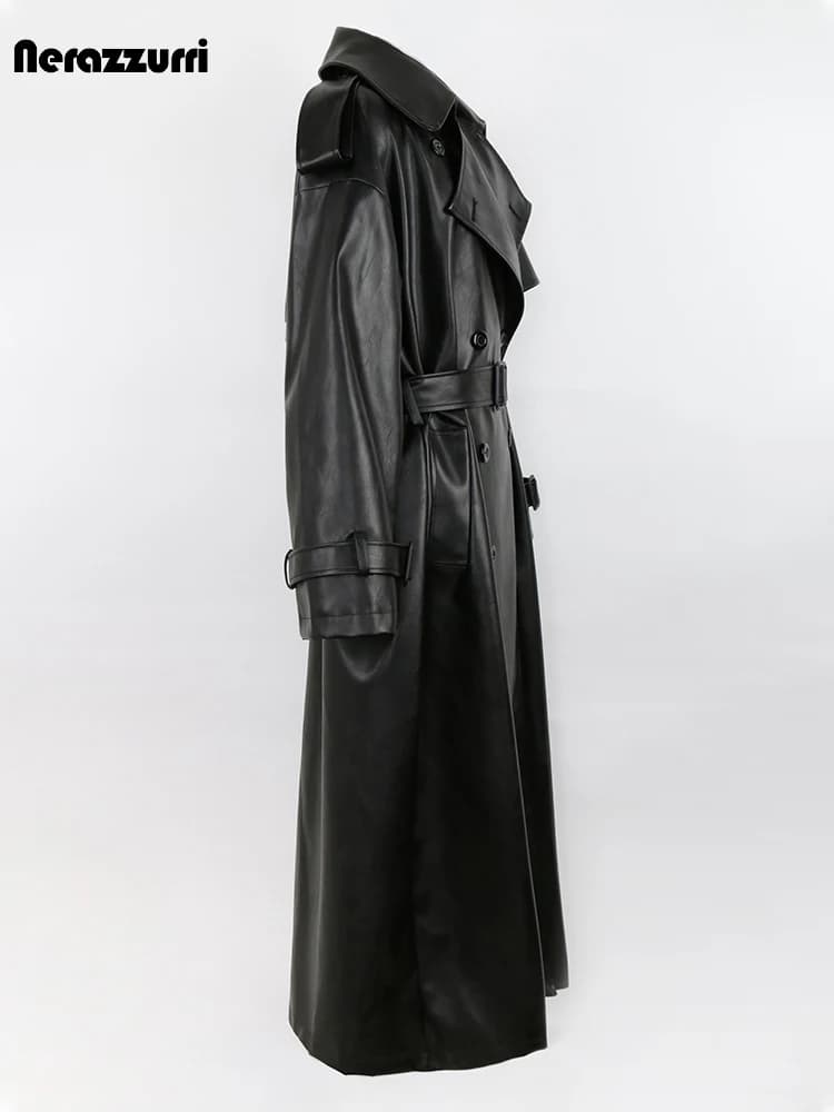 Nerazzurri – Trench-Coat en cuir Pu noir pour femme, Long, surdimensionné, ceinture Double boutonnag