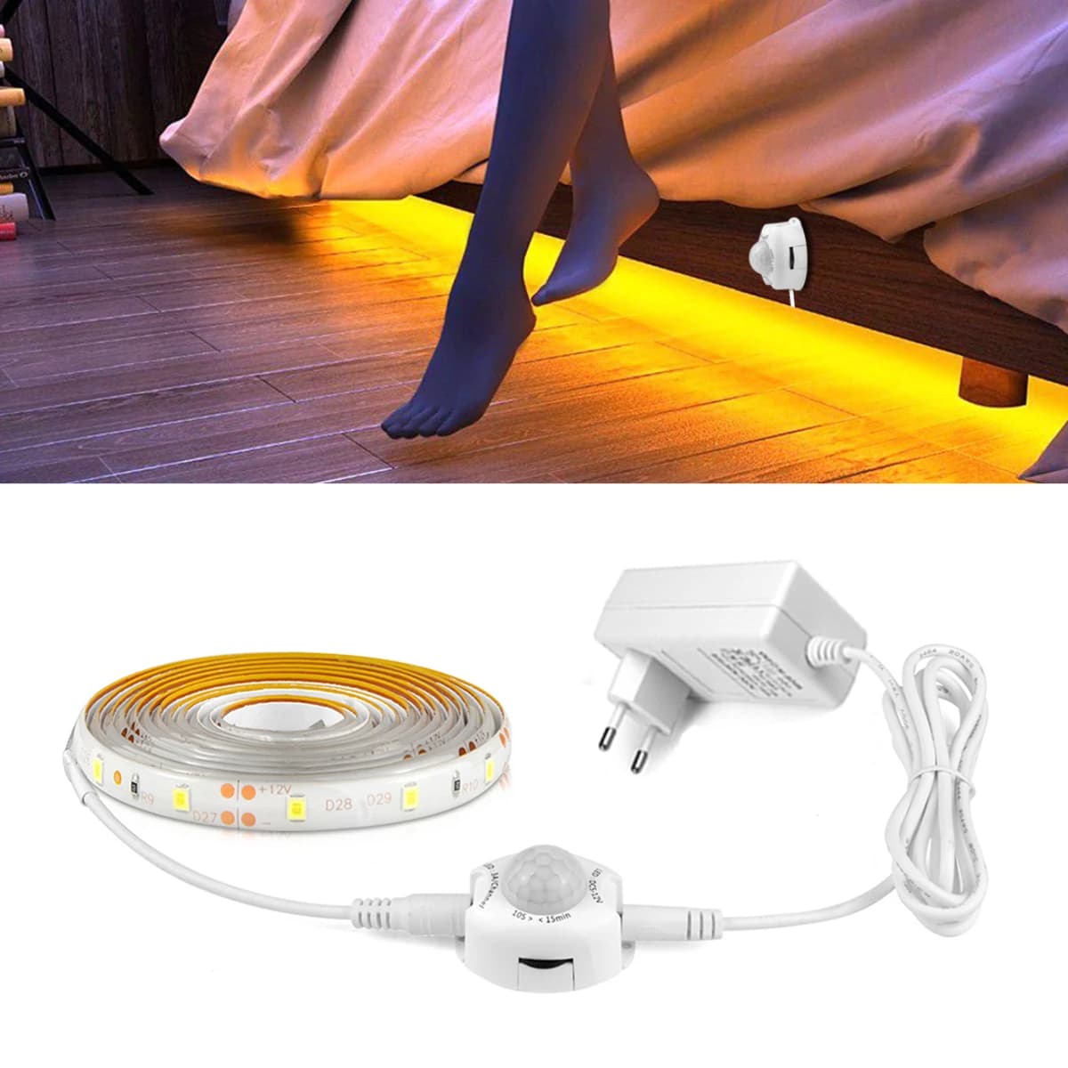 Bande Lumineuse LED avec Capteur de Mouvement PIR, 1-5m, 12V DC, Ruban à Diodes, Étanche, Marche/Arr