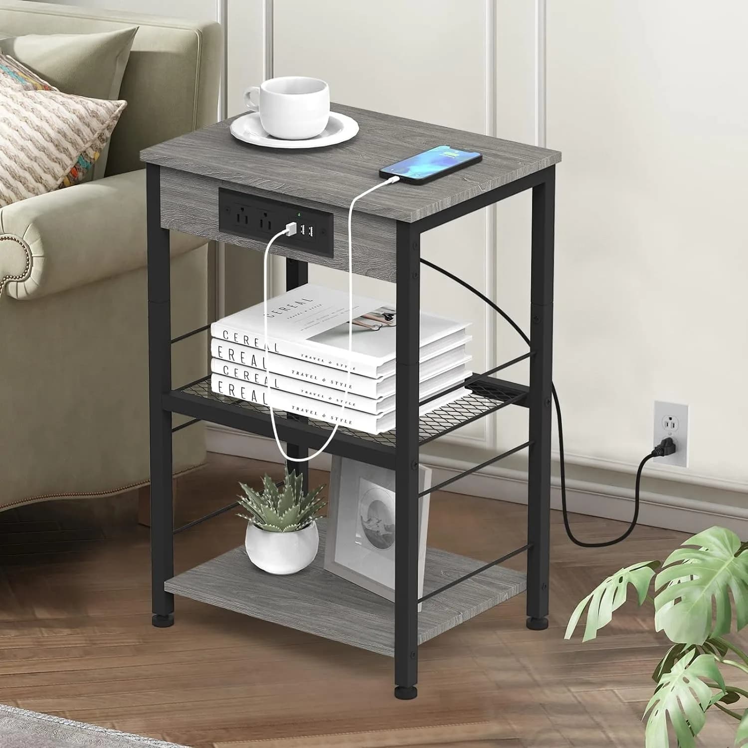 Table de chevet avec station de développement, table d'appoint à 3 étages avec port USB et prise, ta