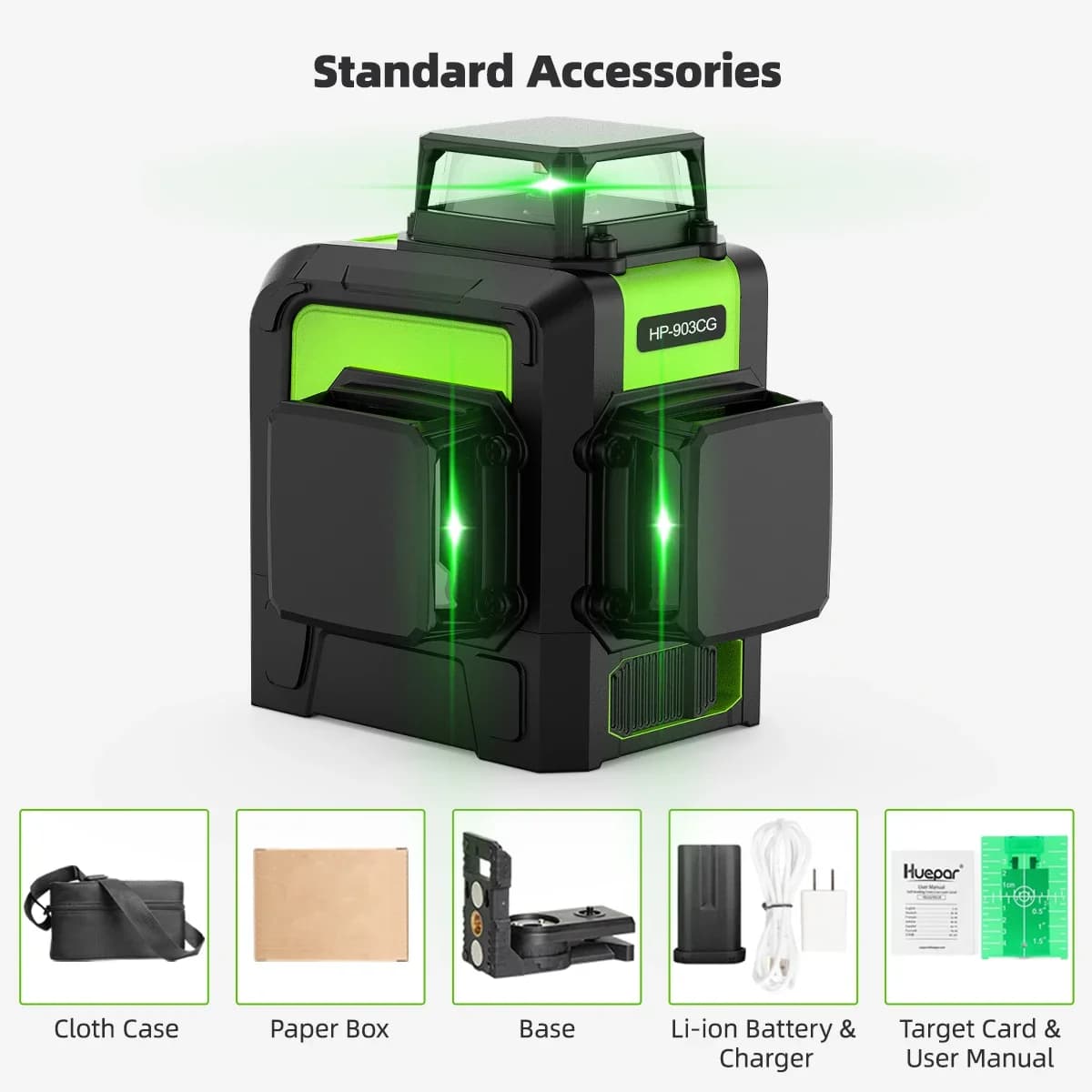 Huepar 12 lignes Kit de niveau laser 3D lignes transversales Osram faisceau laser vert auto-nivelant