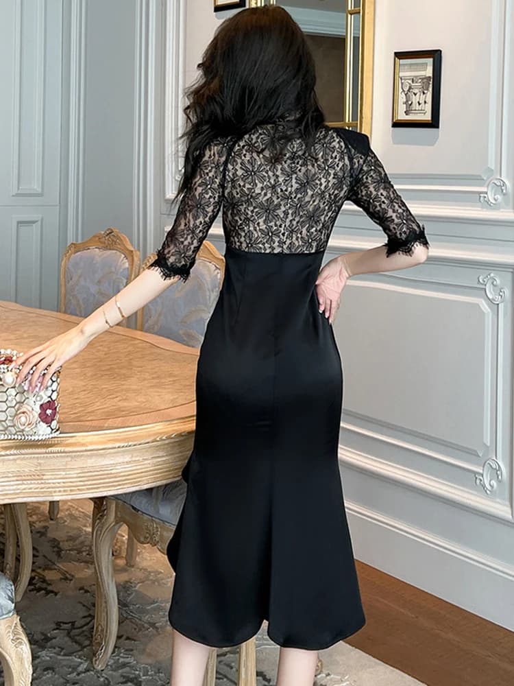 Robe mi-longue de Style rétro pour femmes, noire, dentelle transparente épissée, Satin, à volants, f