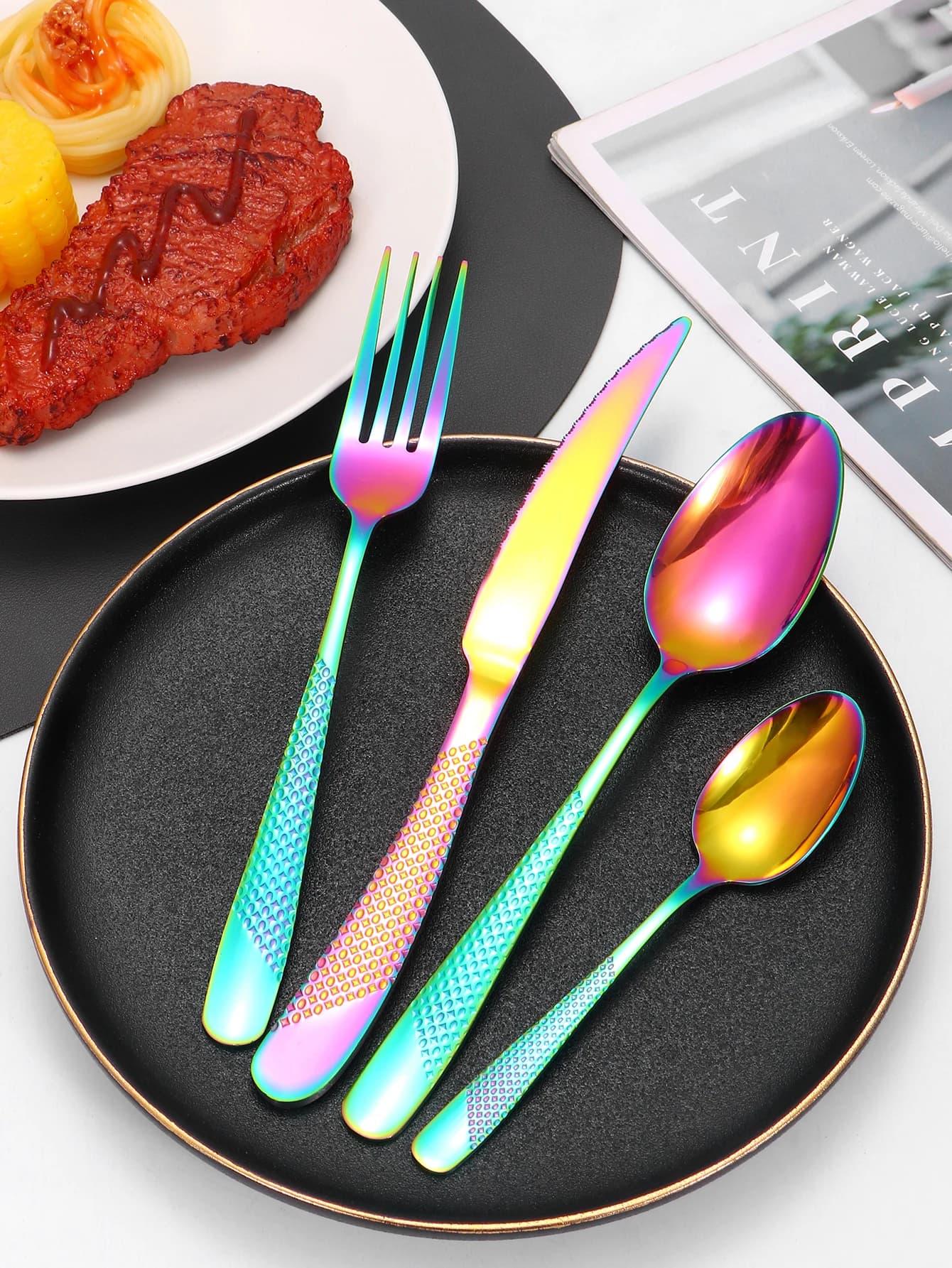 Vaisselle en acier inoxydable, couteau à steak étoile et fourchette à dessert, cuillère, costumes de