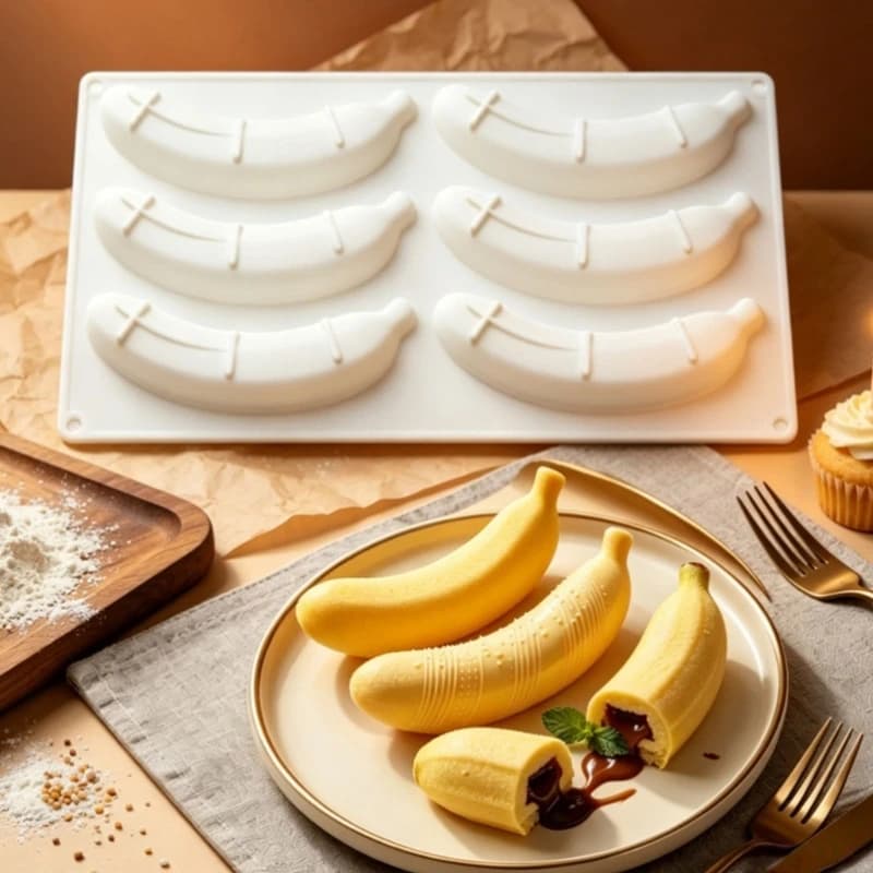 Plateau à dessert banane blanc, 6 cavités, pour gâteaux en forme banane, friandises froides présento