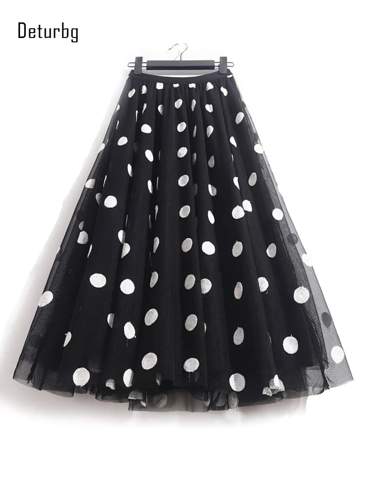 Jupes mi-longues élégantes brodées à pois pour femmes, jupe trapèze femme, taille haute, maille 3 co