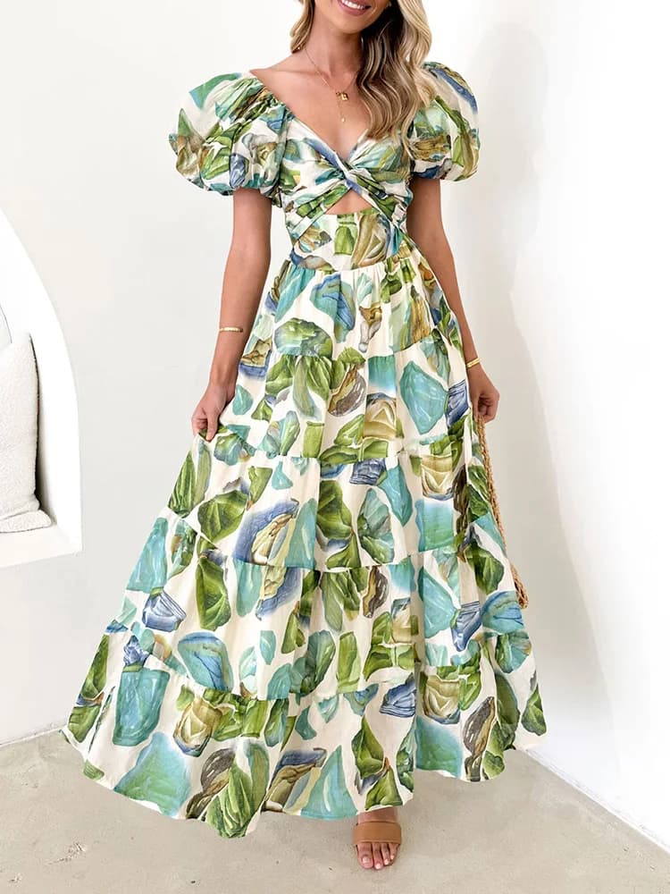 Robe maxi à manches bouffantes évidées pour femmes, robe de soirée à imprimé patchwork pour femmes, 
