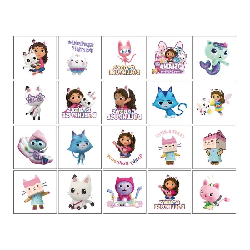 20 autocollants tatouages Kawaii Gabby Dollhouse Cats, mignons, dessins animés, anime, pour enfants,