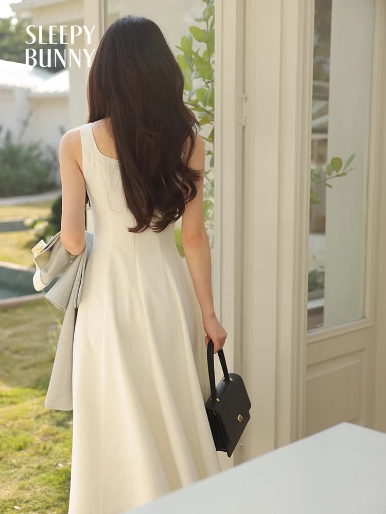 Robe Maxi sans manches pour femmes, Style français, col carré, taille haute, coupe cintrée, élégante
