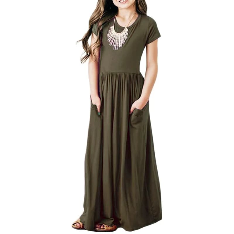 Robe longue d'été pour filles, couleur unie, manches courtes, plage, fête d'anniversaire, décontract