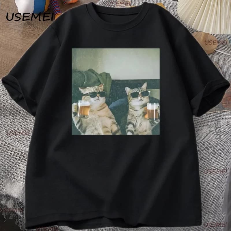 Drôle Cool chat boire de la bière T-shirt décontracté coton à manches courtes T-shirt homme vêtement