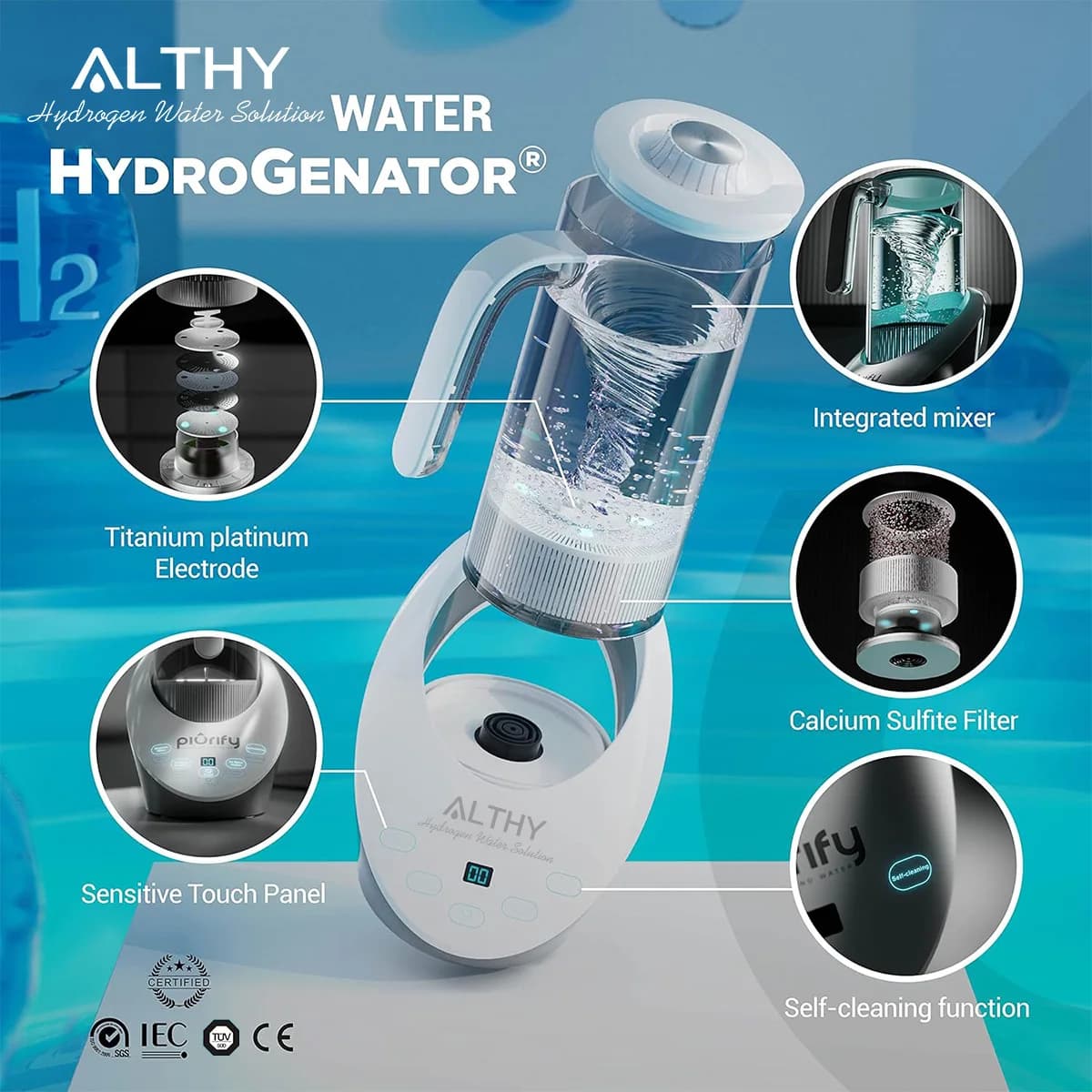 ALTHY – pichet d'eau à hydrogène, générateur de bouteille, bouilloire, technologie SPE PEM. Filtre d