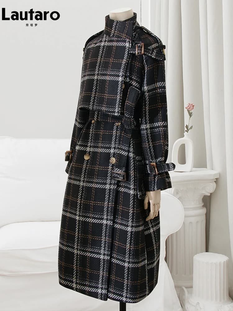Lautaro-Manteau long en mélange de laine à carreaux chaud pour femme, pardessus en laine à double bo