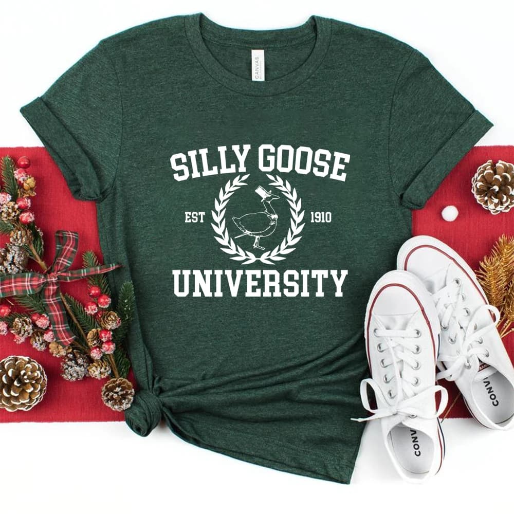 Silly Goose University T-shirt manches courtes unisexe, t-shirts drôles, chemise universitaire vinta
