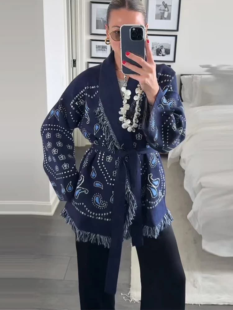 Cardigan imprimé Vintage avec pompons pour femme, col en v, manches longues, pull épissé, assorti av