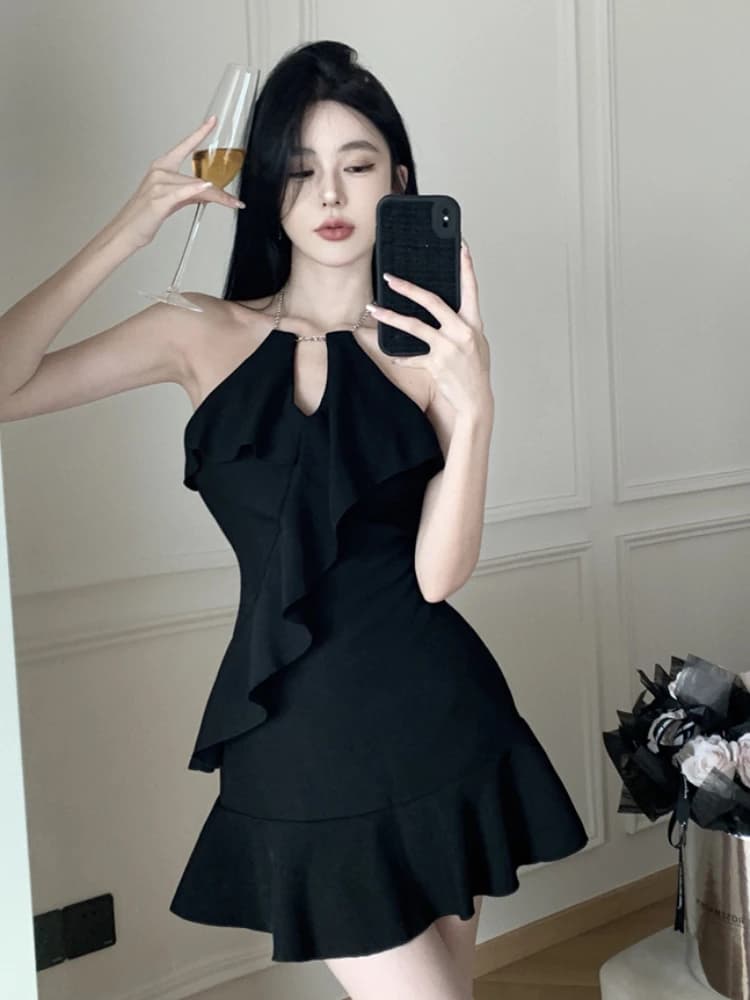 Mini robe col licou pour femmes, dos nu, Sexy, Clubwear, volants, Slim, esthétique, tendance, conçu,