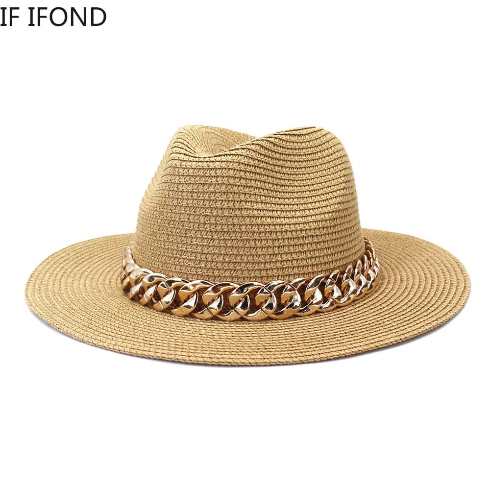 Chapeaux de paille pour femmes, chaîne en or, ceinture, Panama, pour la plage, respirants, élégants,
