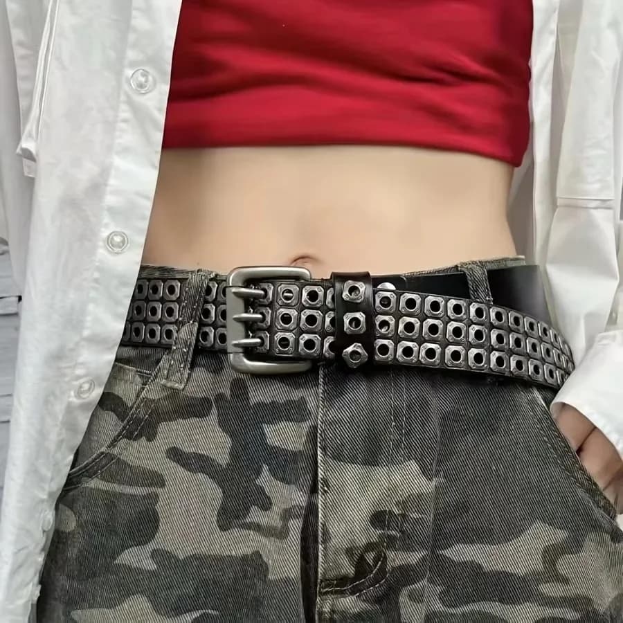 Ceinture pour femmes, perles carrées à la mode, clous en saule, trois yeux d'échappement, Punk Stree