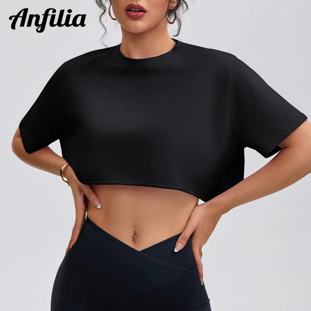 Anfilia femmes mode chemises de Yoga coupe ample col rond manches courtes 95% coton respirant gymnas
