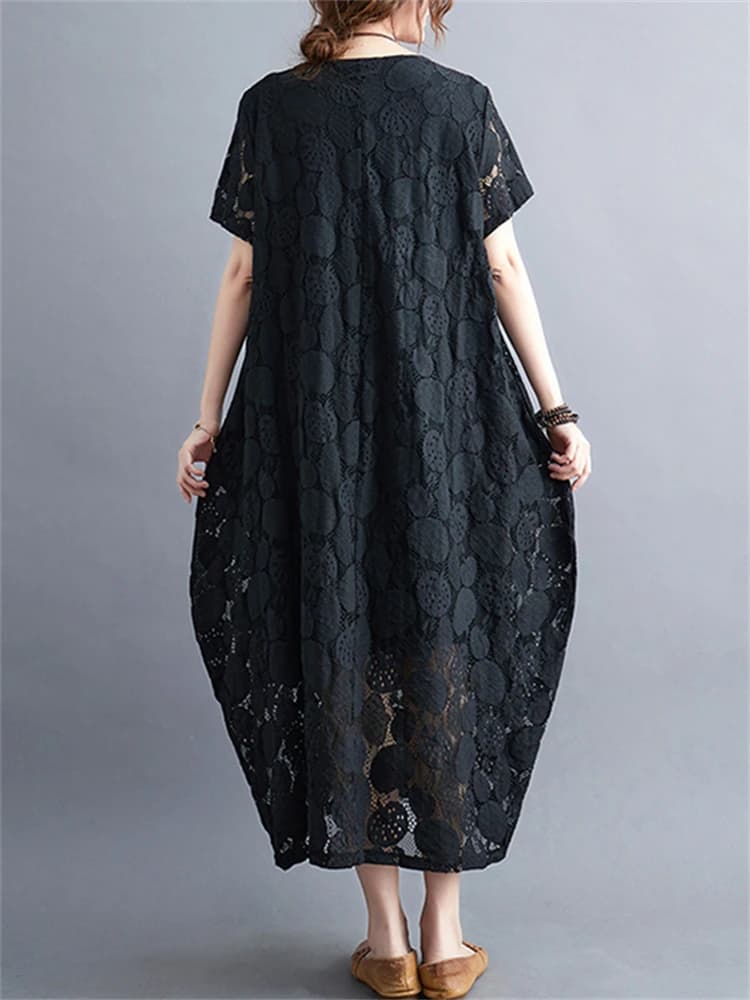 Robes d'été vintage à manches courtes et col rond en dentelle pour femmes 2026 – Nouvelle collection