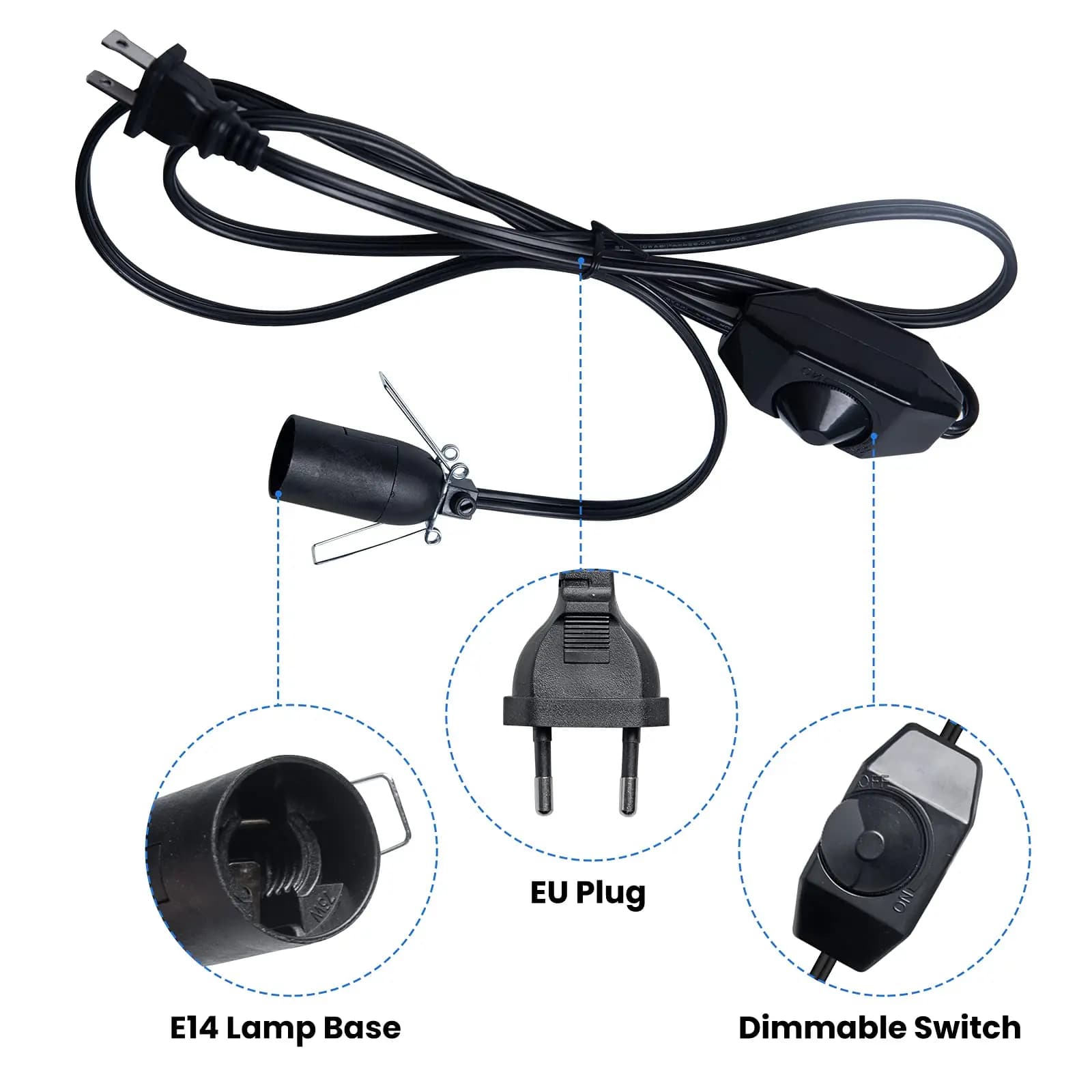 Base de lampe 1.8m, support E14, câble d'alimentation avec ampoule led T20, cordon de variateur de p