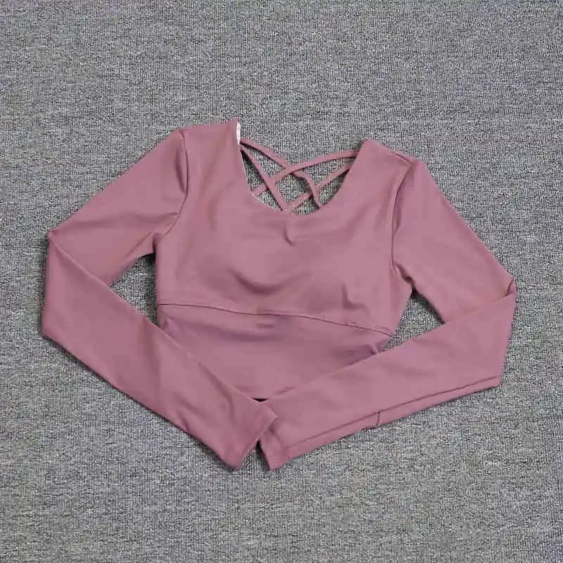 Dos creux pour femme avec soutien-gorge intégré, haut de yoga à manches longues, soutien-gorge une p
