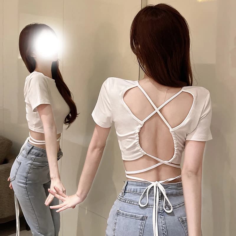 90s Été Sexy Dos Nu Cravate Bandage À Top Femmes Manches Courtes Gilet T-shirt Mode Casual Évider Mi