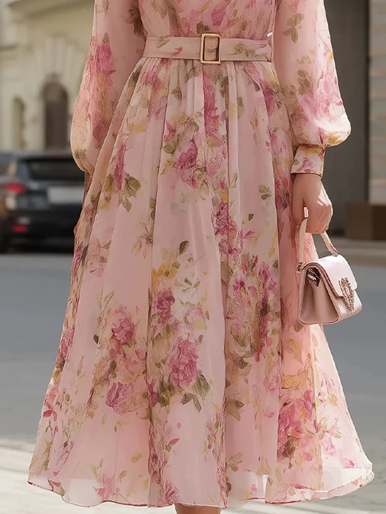Robe longue chic à imprimé patchwork pour femme, manches bouffantes, col rond, idéale pour les fêtes