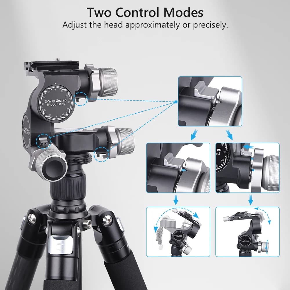 VICELK GH5 Tête de trépied à engrenages 3 voies avec plaque QR de type Arca, micro réglage du millim