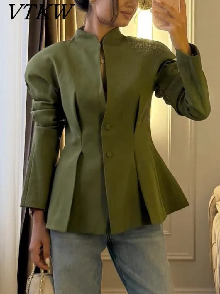 VTKW 2026 Nouvelle veste de bureau ajustée pour femme, col montant, découpe en goutte d'eau, épaules