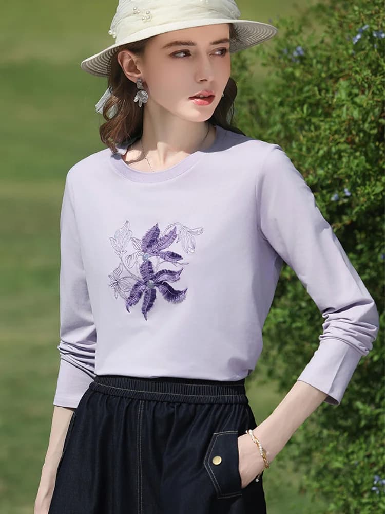 I BELIEVE YOU T-shirt à manches longues lilas pour femme, collection Printemps 2026, avec broderie f