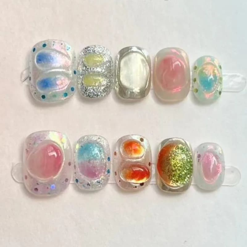 10 pièces mignon court rond à la main faux ongles paillettes coloré 3D doux Cool Art fini ongles pou