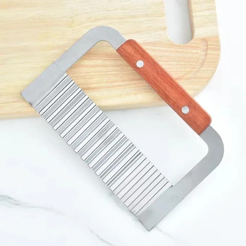 Couteau ondulé avec manche en bois en acier inoxydable, couteau à pommes de terre en dents de loup, 