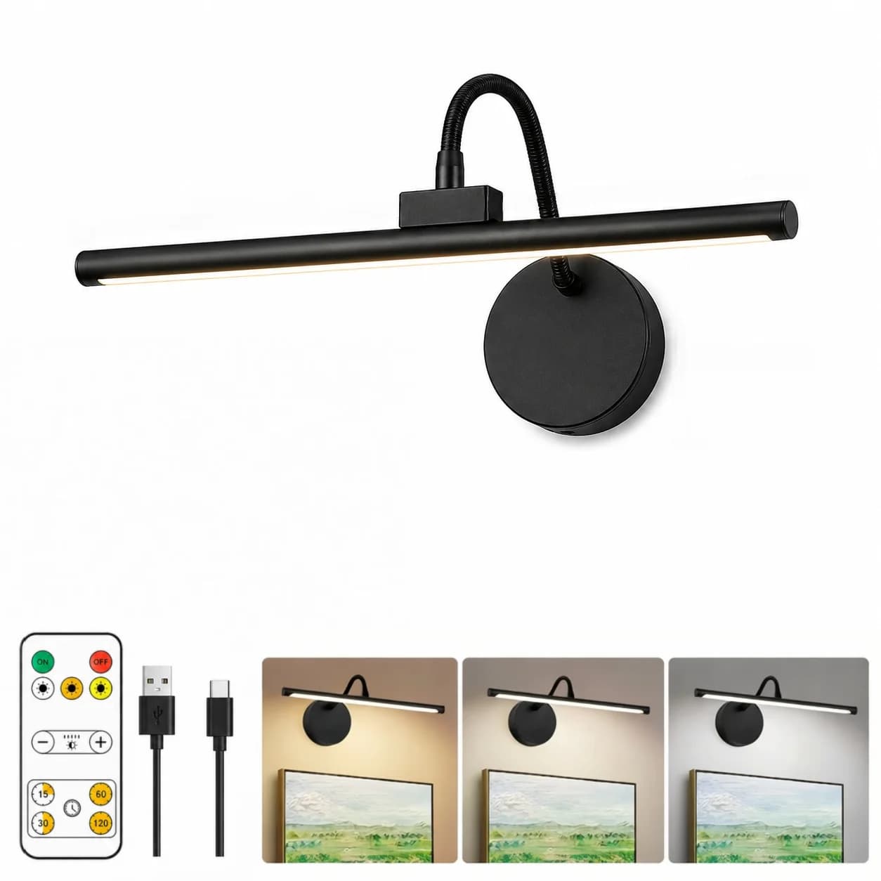 Lampe à LED sans fil pour tableau avec télécommande, 360° °   Lampe murale magnétique réglable, rech