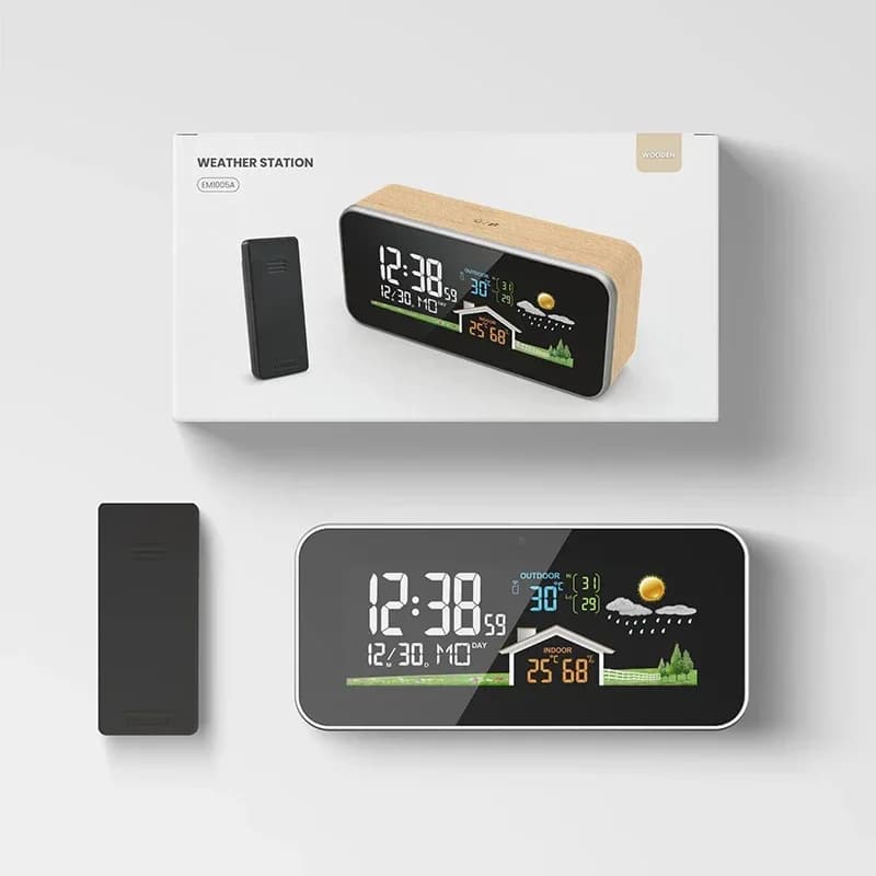 Station météo sans fil Time Watch, réveil en bois, thermomètre numérique, capteur d'humidité et de t