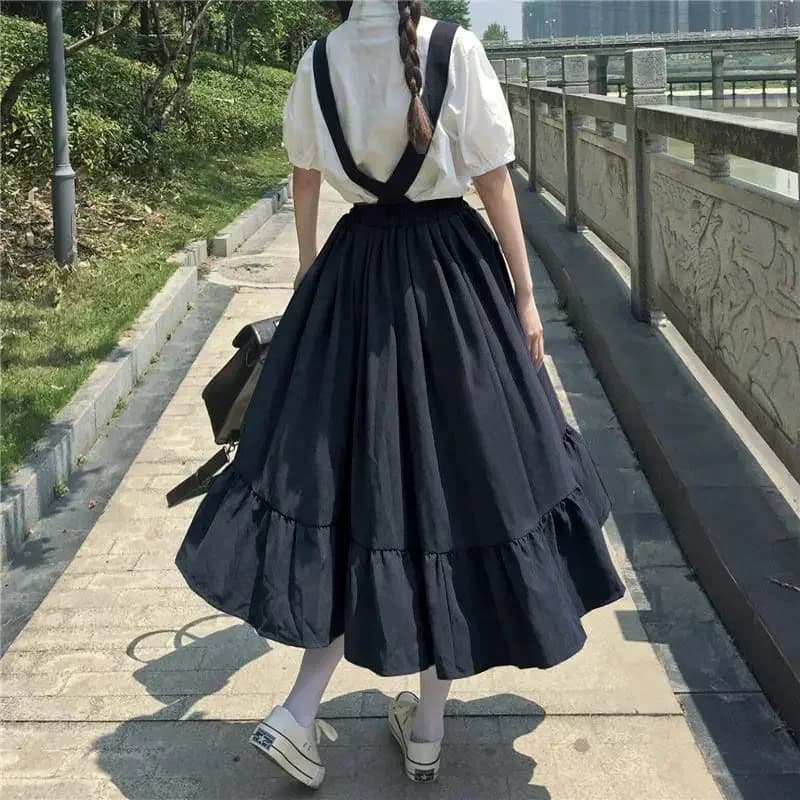 Nouveau doux femmes jupe Style Preppy sangle jupe longue volants ample mignon étudiant jupe décontra