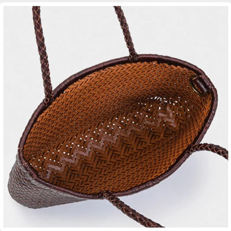 Sac à poignée supérieure tissé en cuir de vache pour femme, sacoche décontractée en tricot tressé, V