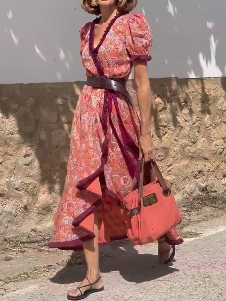 Printemps été dame col en V robe Maxi décontracté femmes fête Club imprimé Patchwork robe Streetwear