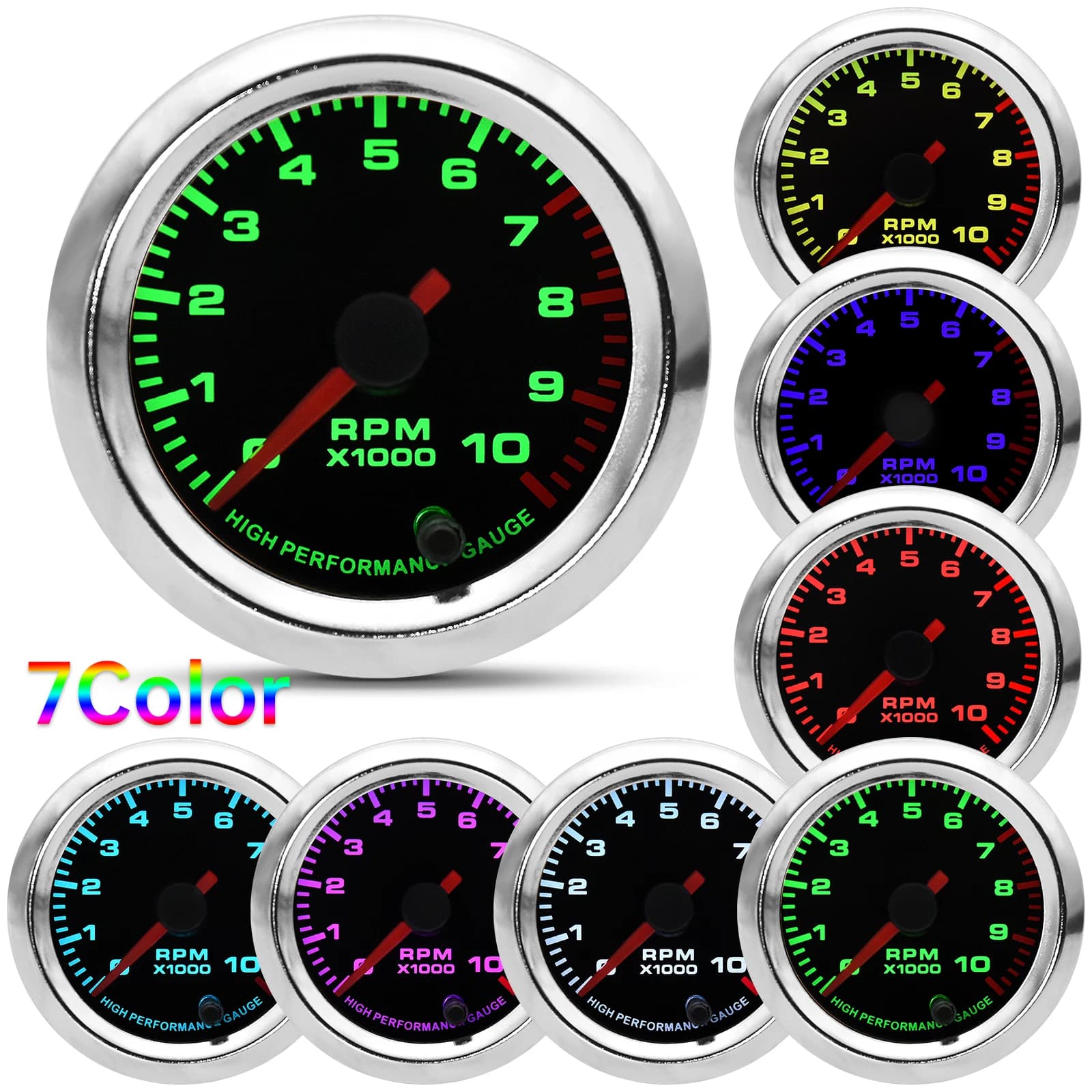 Compteur de régime de voiture 7 couleurs, tachymètre 0~10000 tr/min, 2 pouces (52 mm), universel, av