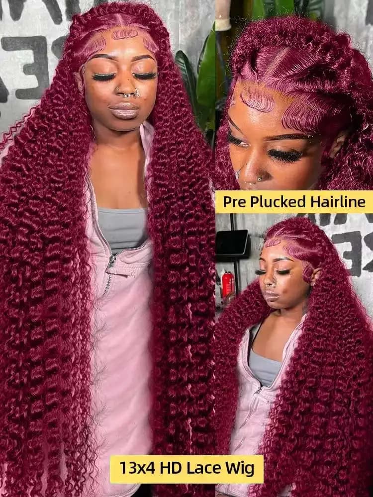 250% 13x4 HD Transparent vague profonde frontale perruque couleur 99j bordeaux profond bouclés dente