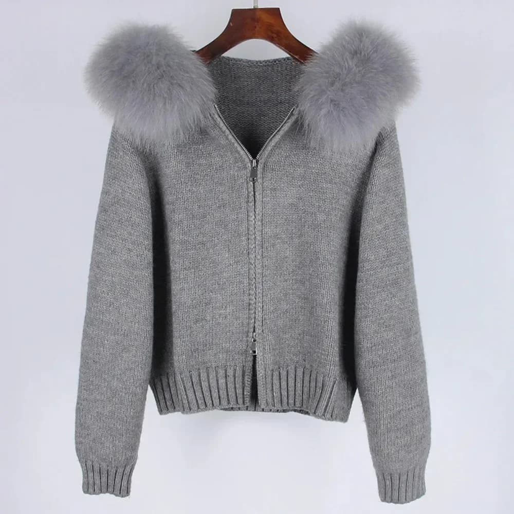 Veste courte tricotée avec manteau en fourrure naturelle pour femme, manteau décontracté à capuche, 