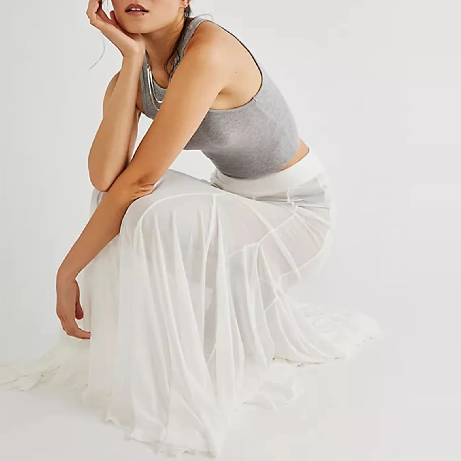 Jupes longues transparentes en maille pour femmes, taille haute élastique, ourlet à volants, jupes f
