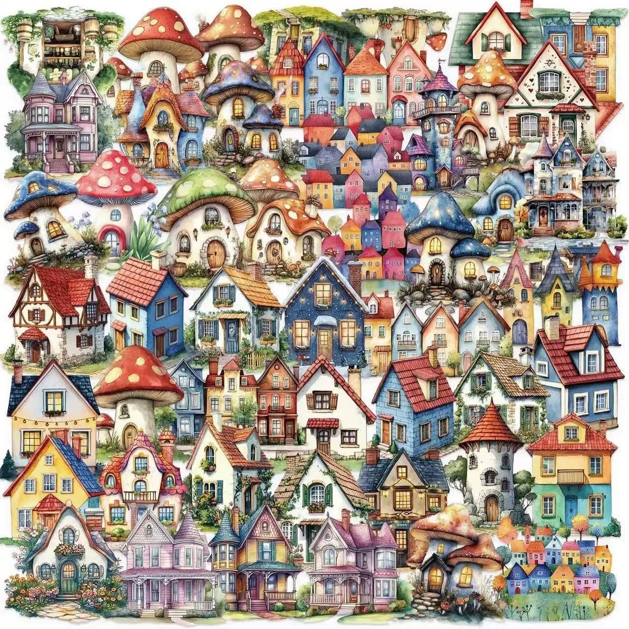 Autocollants fantaisistes de maisons de contes de fées et de champignons, thème villageois en aquare