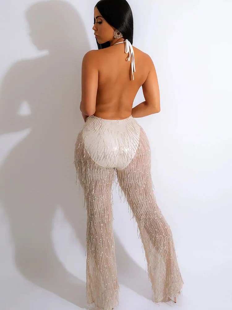 Barboteuse à paillettes pour femmes, combinaison Sexy à paillettes, dos nu, salopette en maille tran