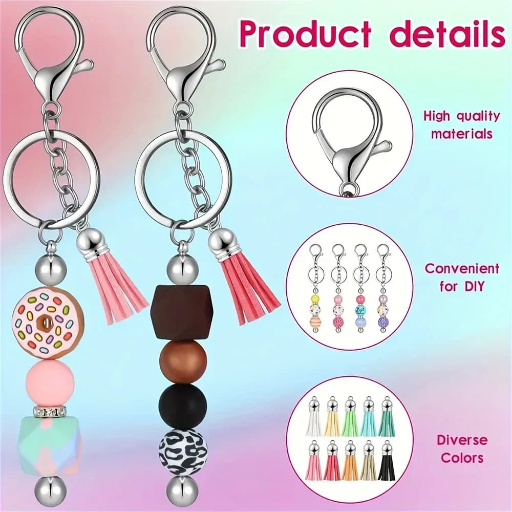 Porte-clés perlé, barres vierges, bandes colorées en cuir, pompon ample pour bricolage, pendentif, b