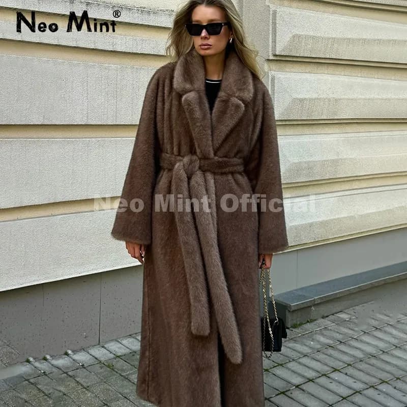Neo Mint ceinturé fausse fourrure de vison manteau femmes 2025 hiver Beige dégradé fourrure veste de