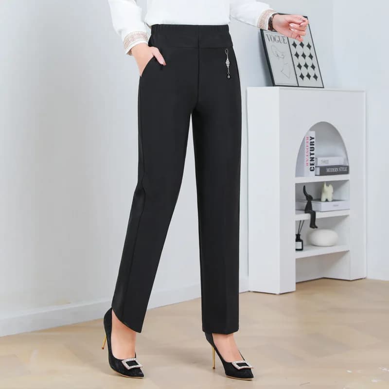 Pantalon taille haute élastique pour femme, pantalon long décontracté, jambe droite, femme d'âge moy
