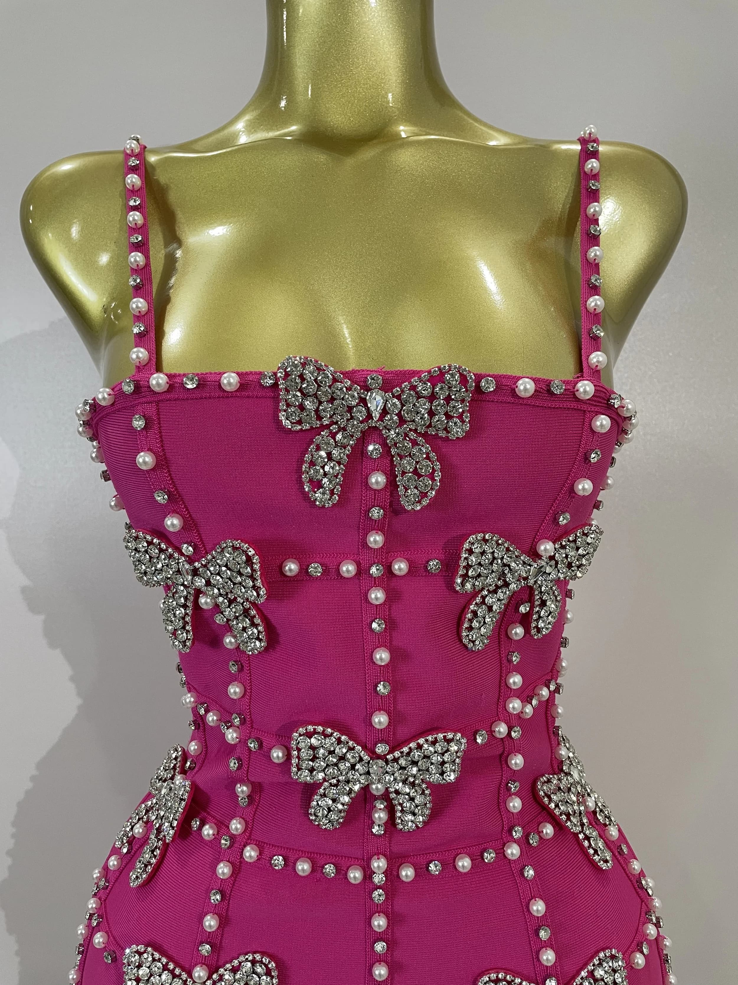 Robes mini en tricot élégantes et luxueuses pour femmes, avec nœuds, diamants et perles, pour soirée