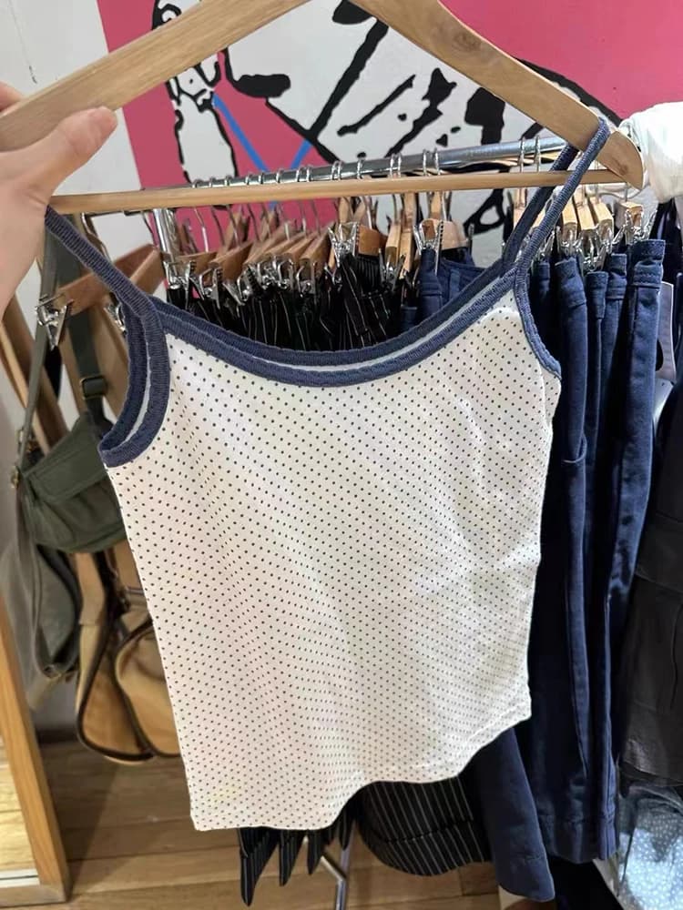 Camisole courte à pois à œillets pour femmes, haut court en fibre de coton, patchwork vintage, dente